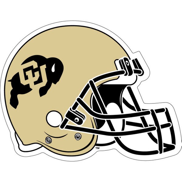 Vegas gold football helmet with black CU Buffaloes logo, facing right
